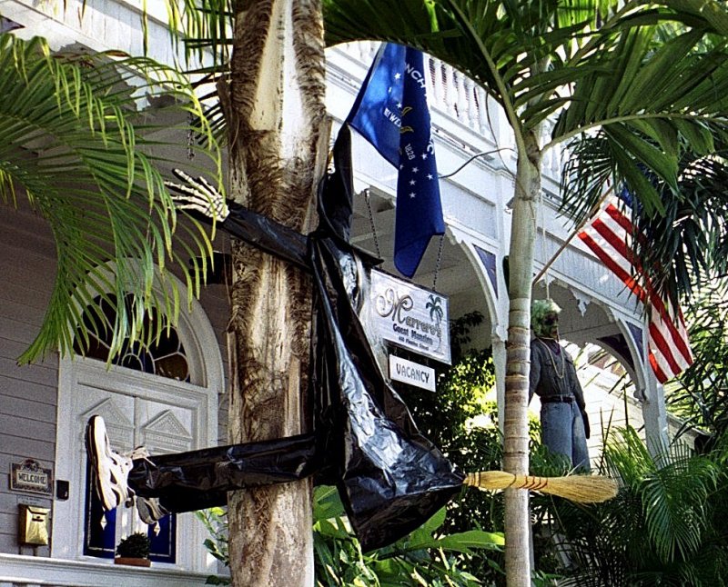 Der Baum stand un�bersehbar im Weg. Pech! Man sollte doch vorsichtiger in Key West herumflitzen, selbst als Geisterhexe. Das tragende Element, der Besen, quer durch ein Loch im Baum gesto�en, mit schwarzen Kehrichts�cken, wei�er Farbe und allerlei Fantasie war die Hexe plattgedr�ckt an den Baum modelliert, ein gelungenes Halloween Sujet. Von SAMHAIN, dem gr��ten keltischen Fest stammt heute noch das meist in Katholischen Gegenden gefeierte Allerheiligen. Und, bereits wieder am Abflauen, kam aus der neuen Welt (durch die Kultur der irischen Einwanderer dorthin gelangt) das kommerziell riechende Halloween zur�ck nach Irland und Europa.  